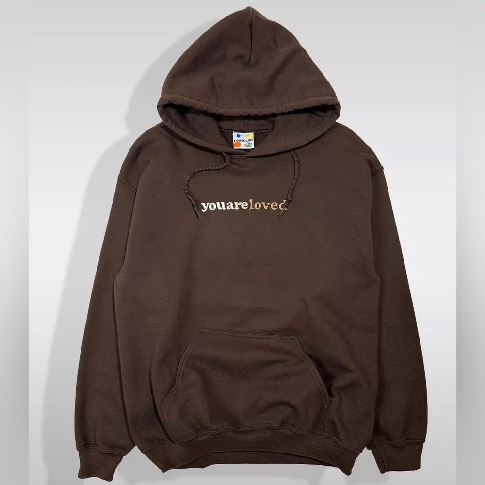 Love Club *You Are Loved* Embroidered Brown Pullover Hoodie Size Medium